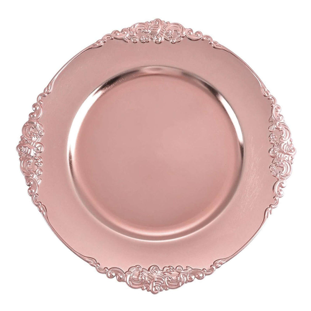 6-Pack Acrylic Round Charger Plates 13" in Rose Gold with Embossed Baroque Rim, Antique Decorative Dinner Party Charger Tableware
