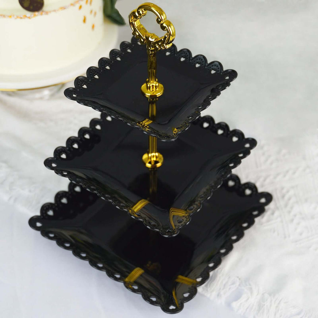 3-Tier Plastic Square Cupcake Stand Tower Black - Charming Disposable Dessert Display Serving Tray Platter with Heart Wavy Edge & Gold Top Handle for Tea Parties Weddings & Special Occasions 13"