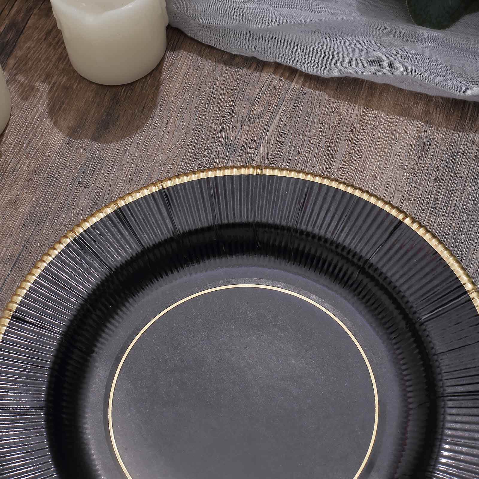25-Pack Paper 8" Round Dessert Plates in Black Sunray Design with Gold Rim - Disposable Heavy Duty 350GSM Appetizer Salad Plates