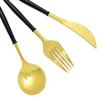 24-Pack Plastic Flatware Set in Metallic Gold with Black Handle - Heavy Duty Disposable Modern Silverware 8"