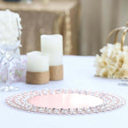 Wired Metal Round Charger Plate 14" in Rose Gold with Acrylic Crystal Beads, Glamorous Decorative Dinner Charger Tableware