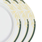 10-Pack Plastic 10" Round Dinner Plates in White with Hunter Emerald Green Rim for Events