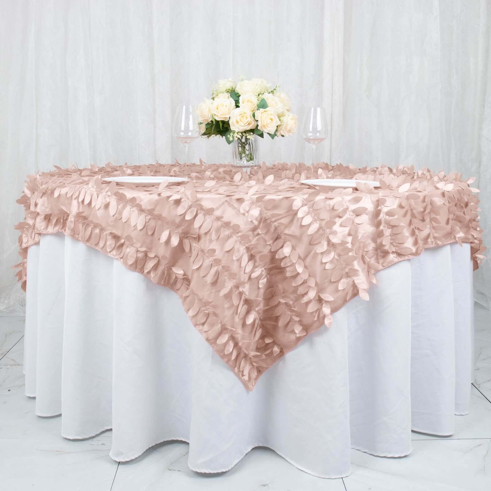 Taffeta 72"x72" Table Overlay Square Tablecloth Dusty Rose - 3D Leaf Petal Table Cover