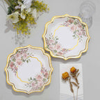25-Pack Paper 8" Dessert Plates in White with Floral Print & Gold Scallop Rim - Disposable 300GSM Appetizer Salad Plates for Cocktail Events & Receptions
