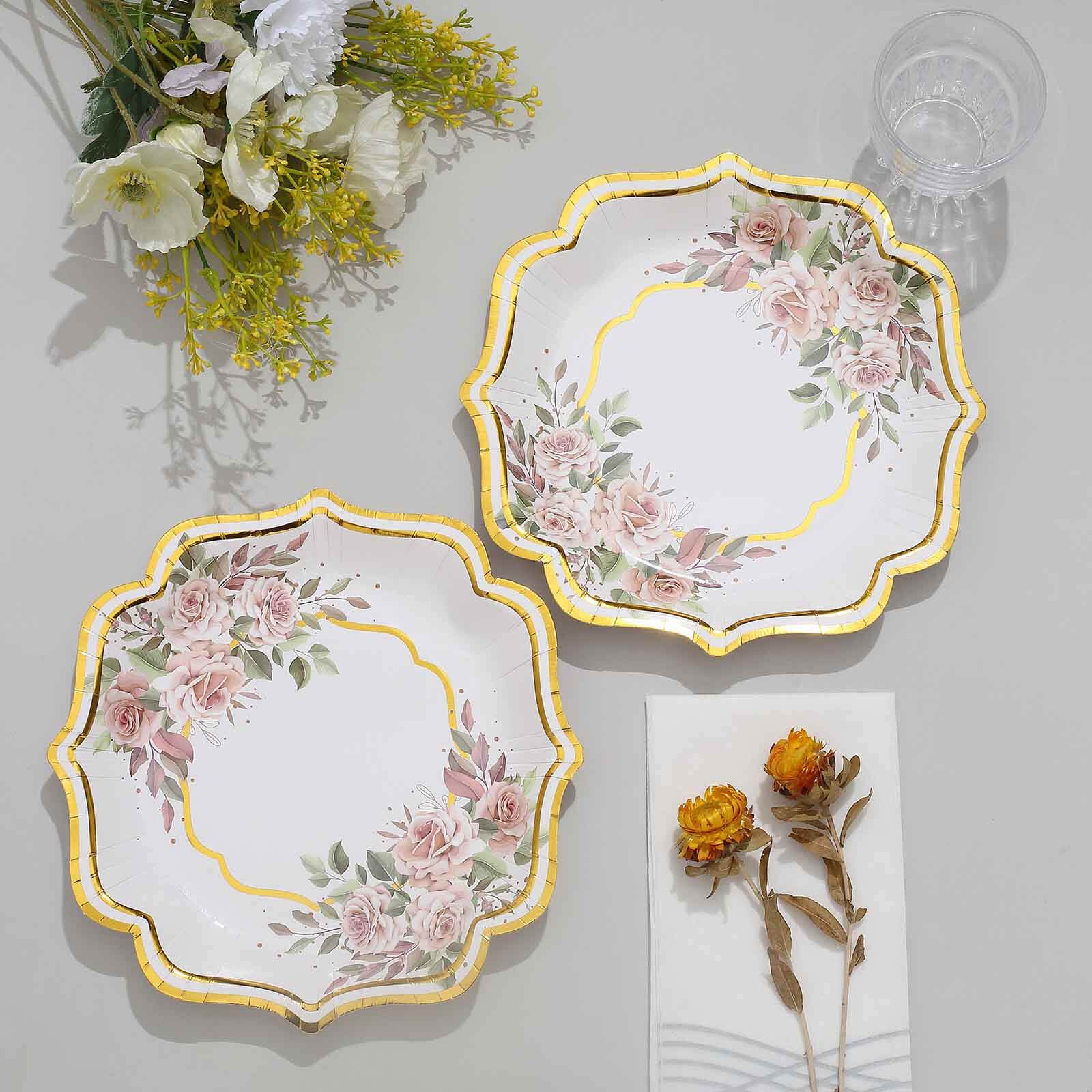 25-Pack Paper 8" Dessert Plates in White with Floral Print & Gold Scallop Rim - Disposable 300GSM Appetizer Salad Plates for Cocktail Events & Receptions