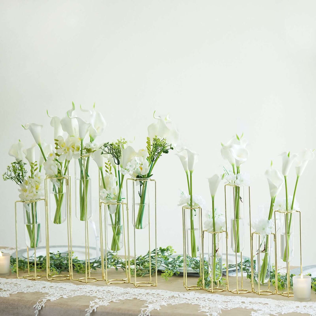 Set of 5 Wedding Centerpieces Gold Frame Conjoined Geometric Design - Test Tube Hydroponic Vases 12"