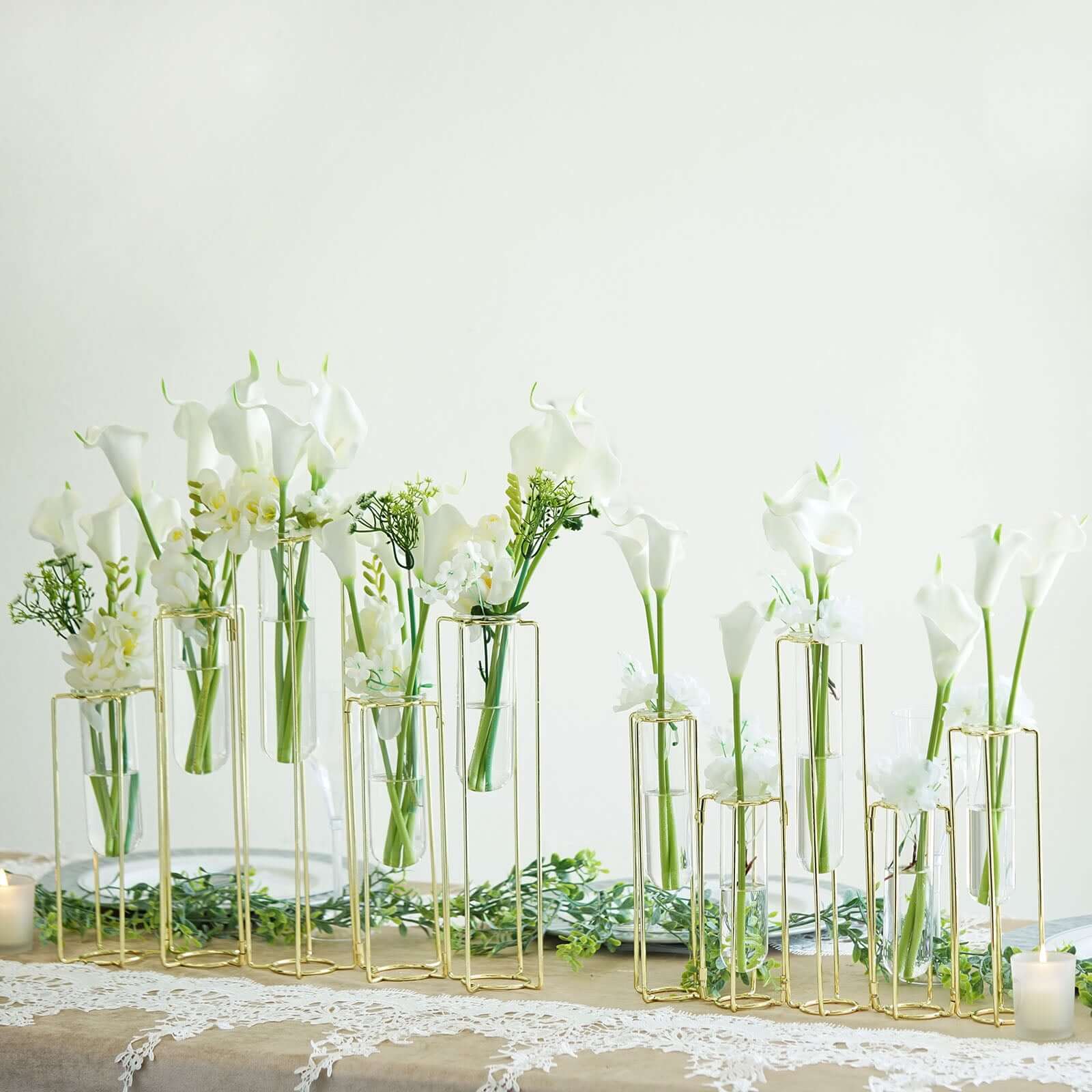 Set of 5 Wedding Centerpieces Gold Frame Conjoined Geometric Design - Test Tube Hydroponic Vases 12"