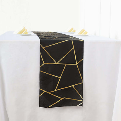 Polyester 9ft Table Runner Black with Gold Foil Modern Geometric Accent