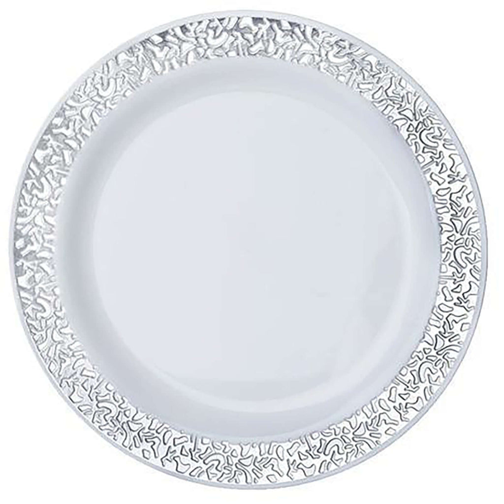 10-Pack Dessert Plates Lace Rim Design White with Silver - Plastic Disposable Appetizer Plates for Events 6"