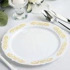 10-Pack Plastic 7.5" Round Appetizer Plates in White with Gold Embossed Scalloped Edge - Chic Disposable Salad Plates for Special Occasions & Banquets