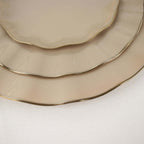 10-Pack Plastic 11" Round Dinner Plates in Taupe Ruffled Rim with Gold Edging - Sturdy Disposable Dinnerware