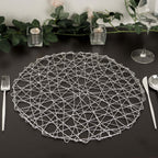 6-Pack Table Placemats Woven Fiber Design Silver Round - Disposable Mats for Dining and Events 15"