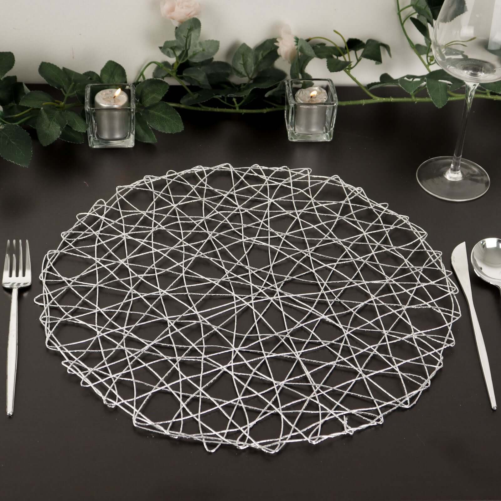 6-Pack Table Placemats Woven Fiber Design Silver Round - Disposable Mats for Dining and Events 15"
