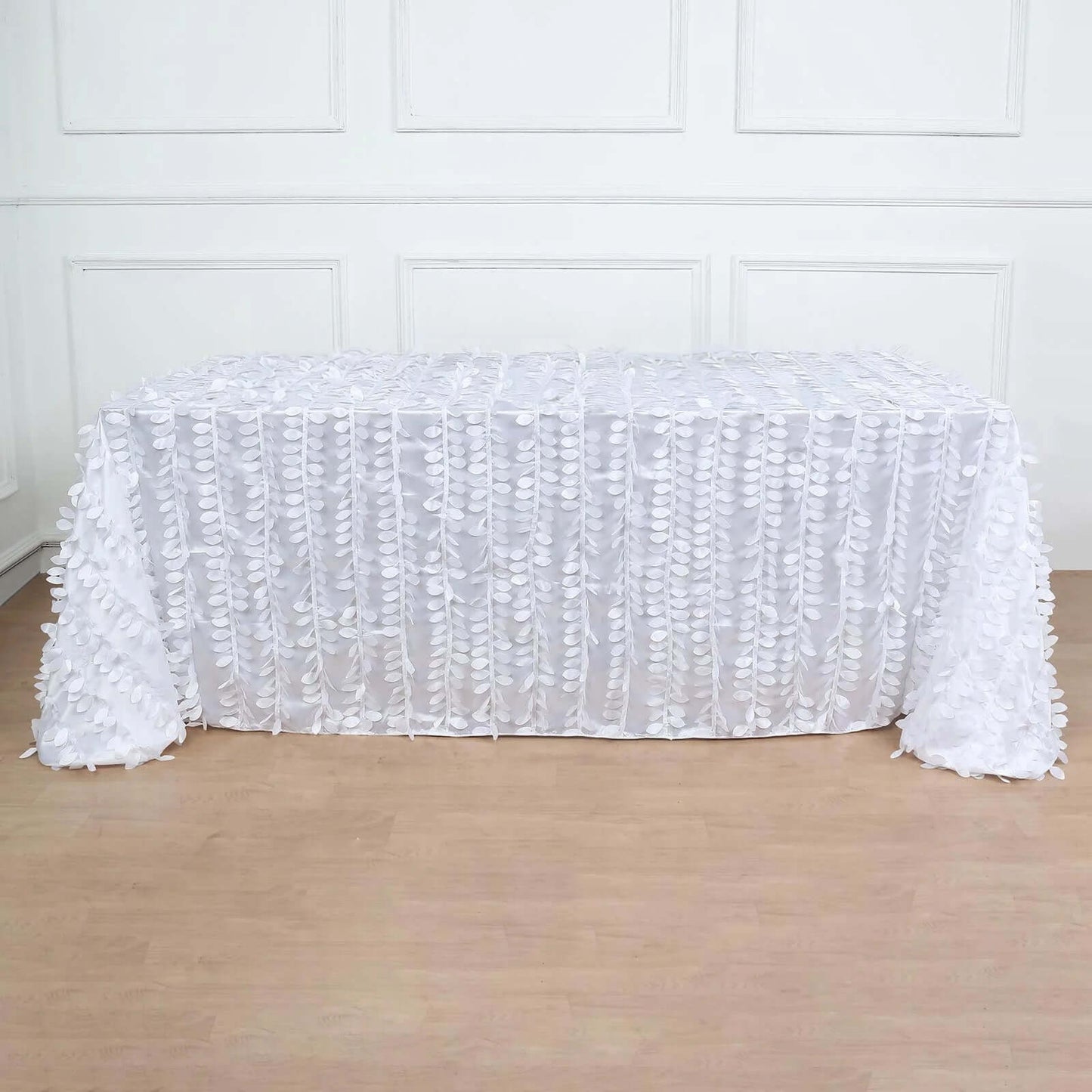 Taffeta 90"x132" Rectangle Tablecloth White | 3D Leaf Petal Design Seamless Table Cover for Stylish Wedding & Event Decor