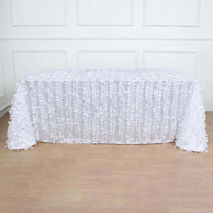 Taffeta 90"x132" Rectangle Tablecloth White | 3D Leaf Petal Design Seamless Table Cover for Stylish Wedding & Event Decor