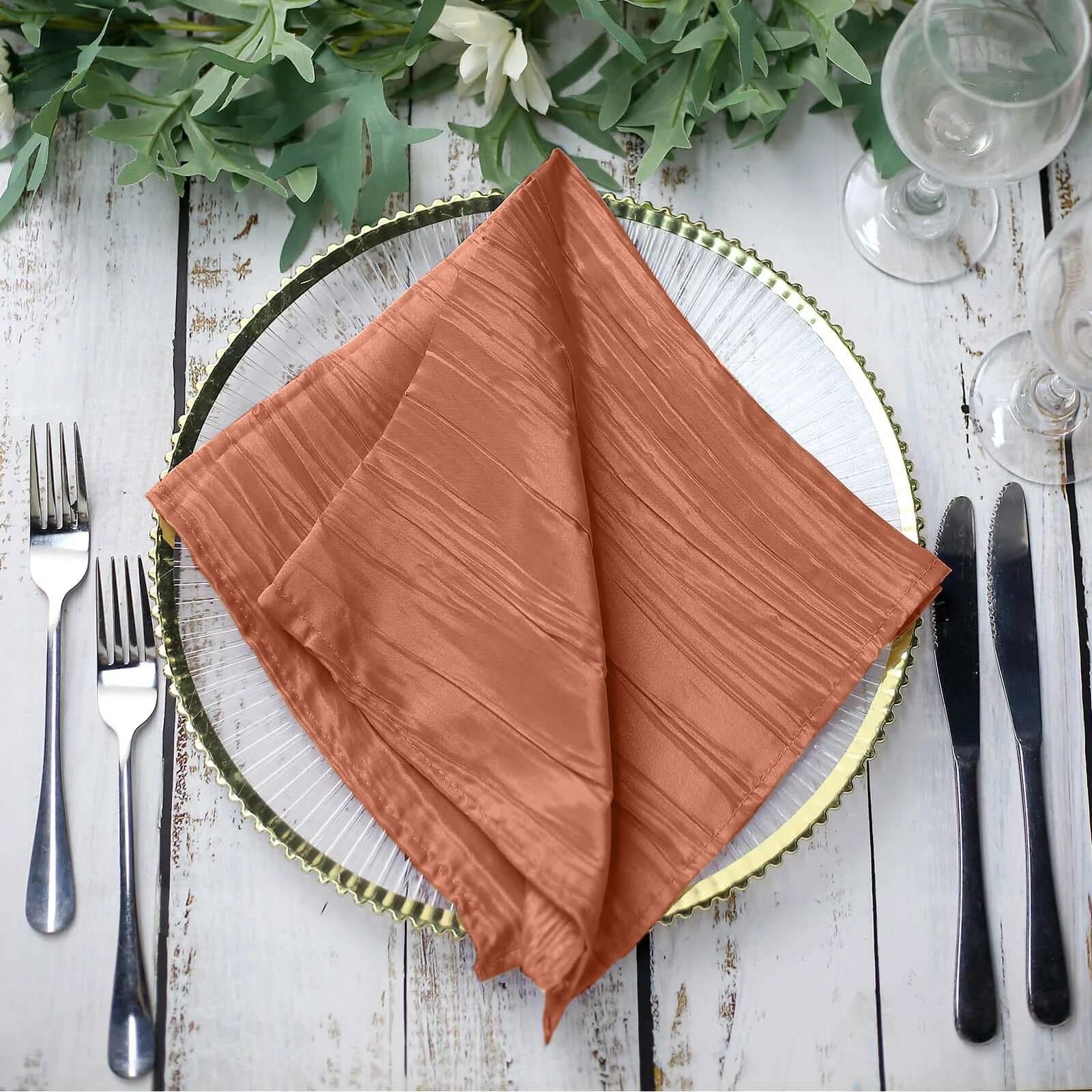 5 Pack Taffeta 20"x20" Napkins Terracotta (Rust) - Accordion Crinkle Dinner Napkins