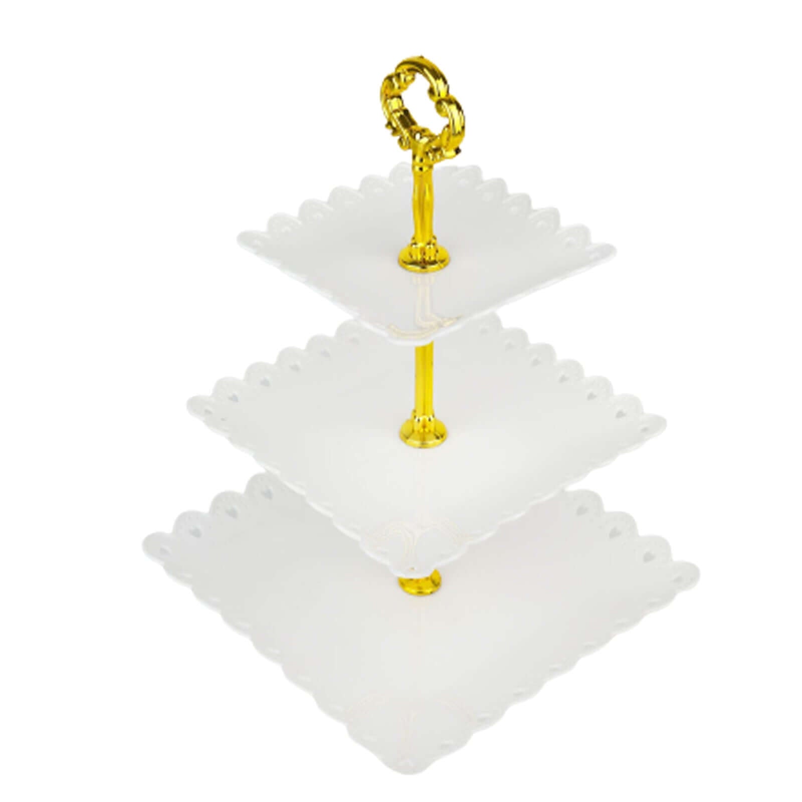 3-Tier Plastic Square Cupcake Stand Tower White - Charming Disposable Dessert Display Serving Tray Platter with Heart Wavy Edge & Gold Top Handle for Tea Parties Weddings & Special Occasions 13"