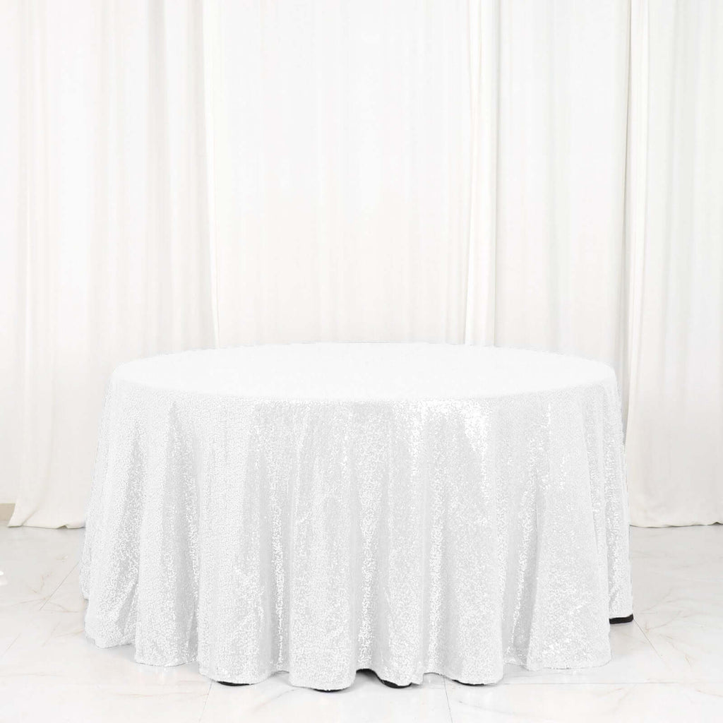 Sequin 120" Round Tablecloth White - Seamless Glittering Design for Sophisticated Events
