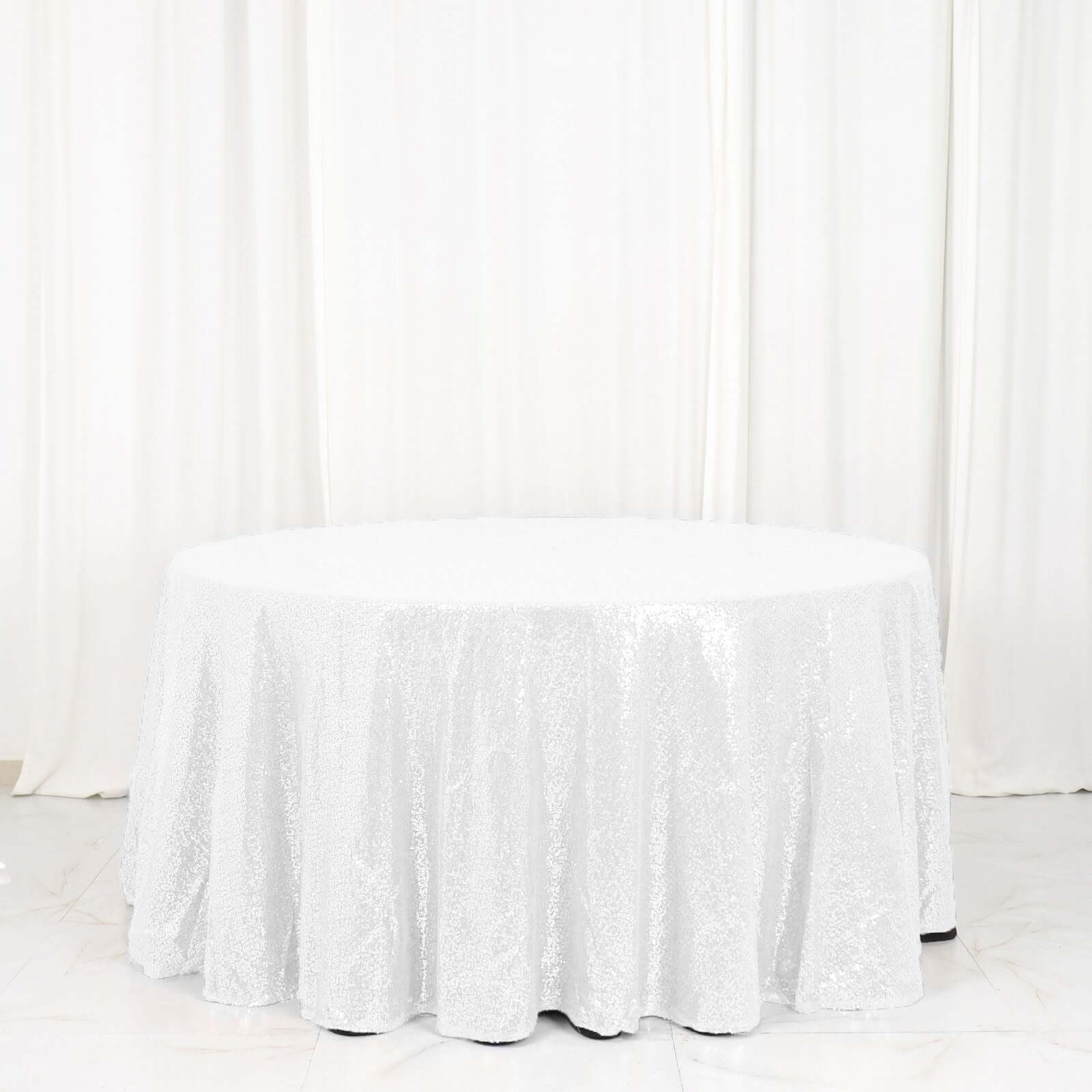 Sequin 120" Round Tablecloth White - Seamless Glittering Design for Sophisticated Events