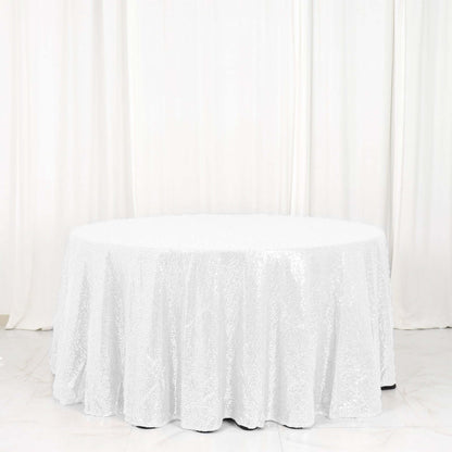 Sequin 120" Round Tablecloth White - Seamless Glittering Design for Sophisticated Events