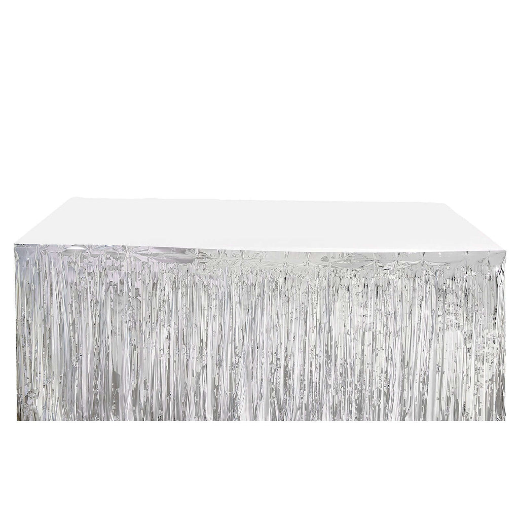 Metallic Foil Fringe Table Skirt Silver with Self Adhesive Backing - Durable Tinsel Skirt for Parties 30"x9ft