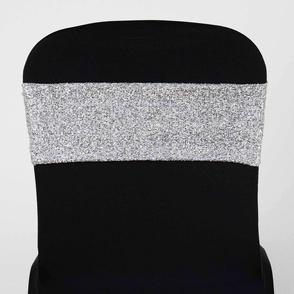5 Pack Metallic Shimmer Tinsel Spandex Chair Sashes Silver - Durable and Reusable Stretch Chair Bands