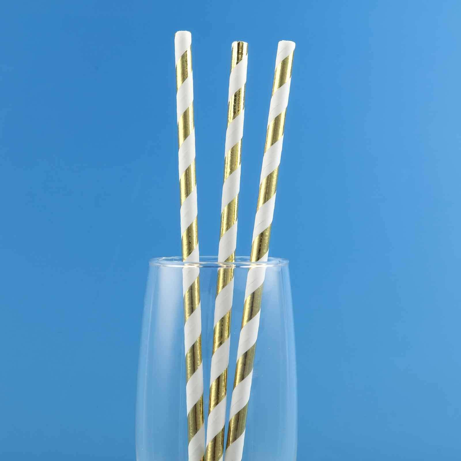 25-Pack Paper Straws White/Gold Striped - Stylish Disposable Straws for Drinks 8"
