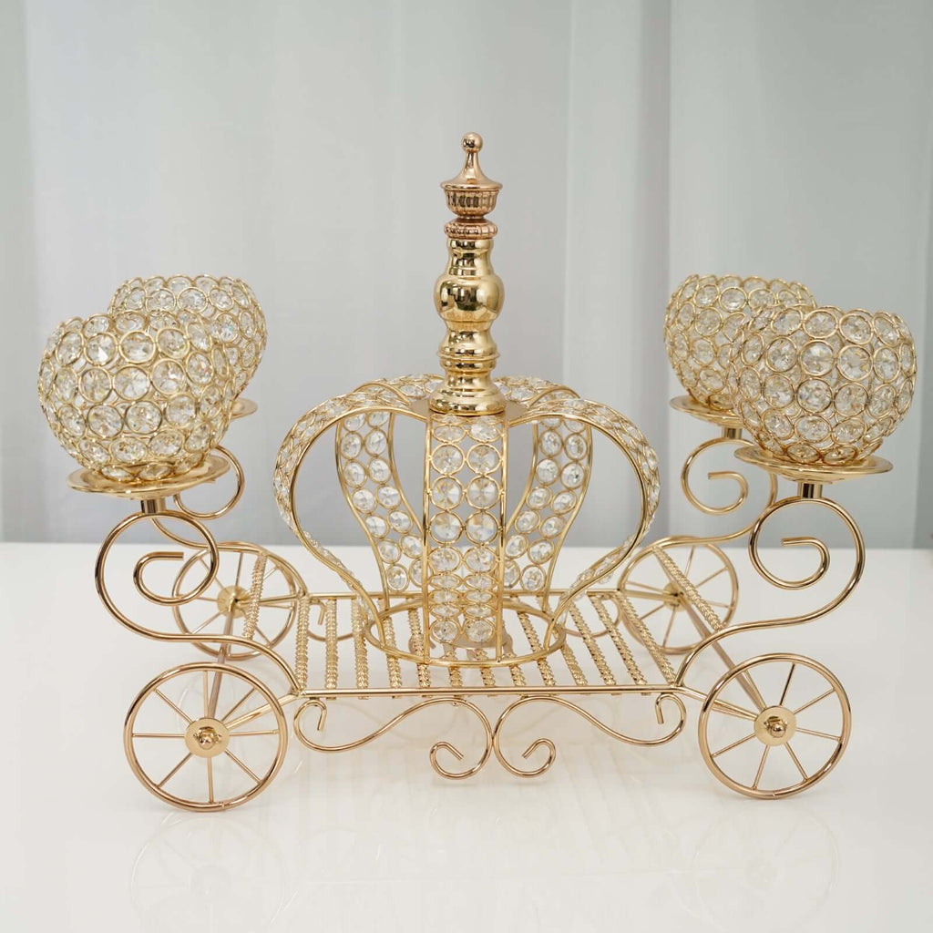 Candle Holder 4-Arm Gold Metal Crystal Cinderella Carriage Wedding Centerpiece - Decorative Display 18"