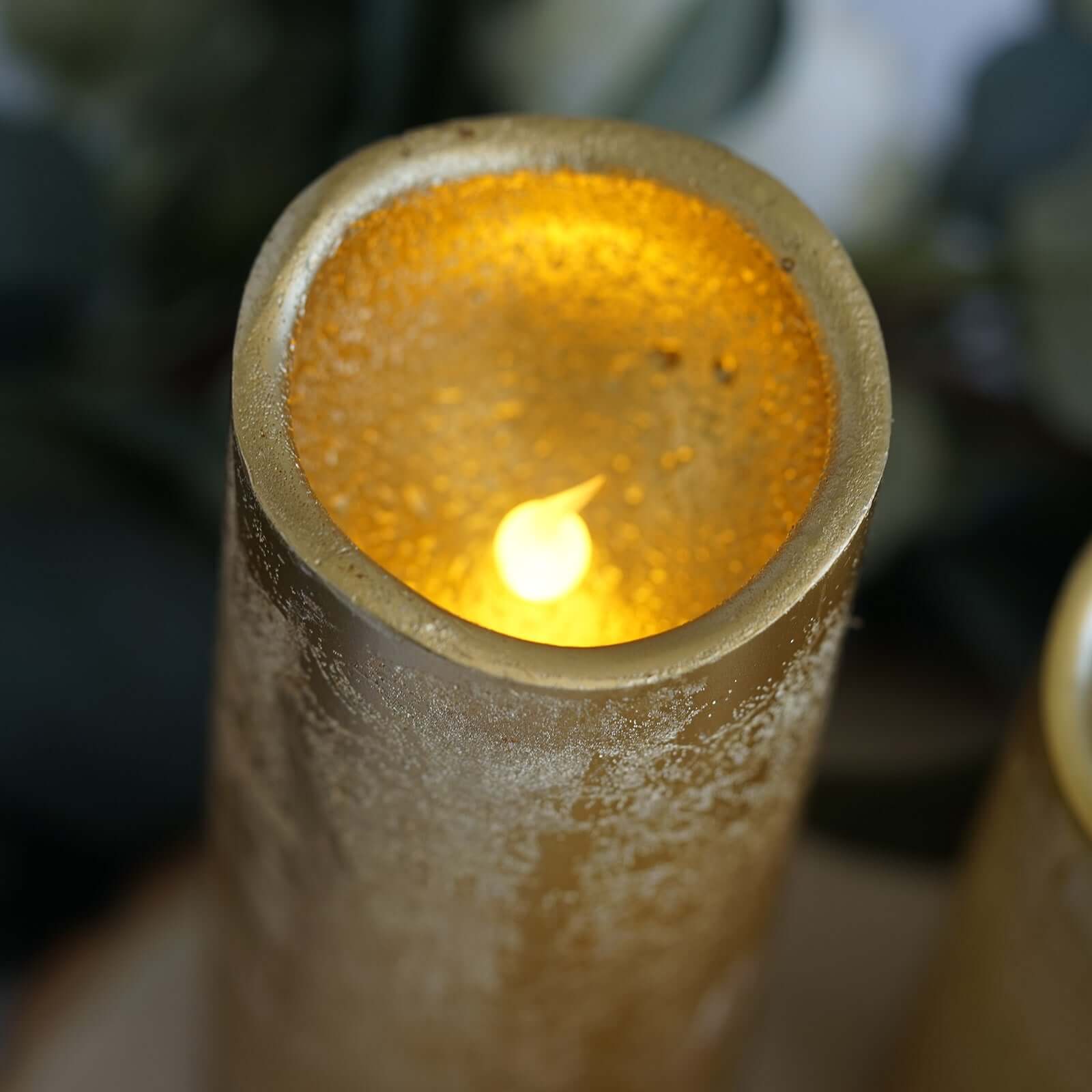 Set of 3 LED Flameless Pillar Candles Remote Operated Metallic Gold - Battery Powered 4", 6", 8"