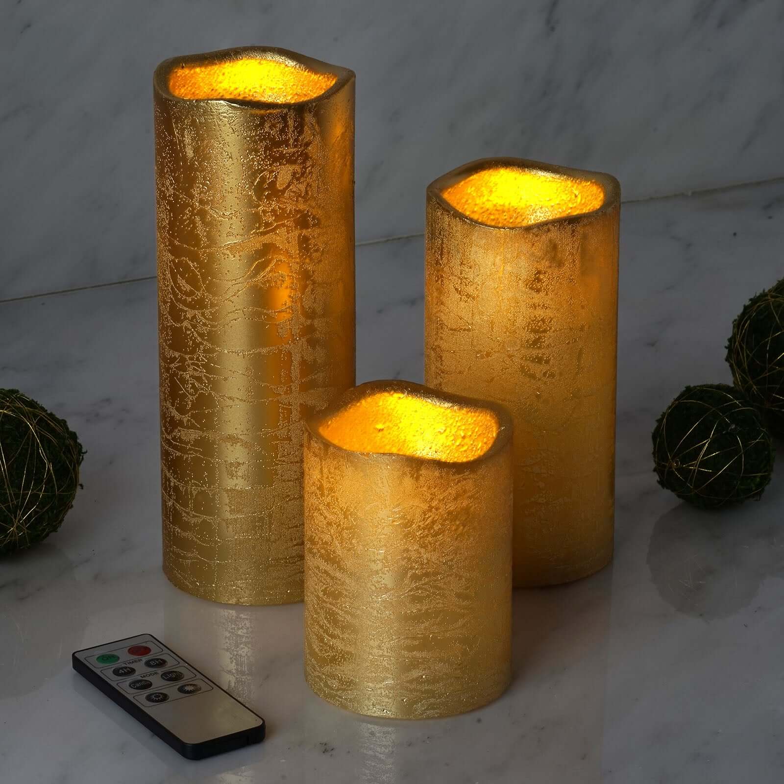 Set of 3 LED Flameless Pillar Candles Remote Operated Metallic Gold - Battery Powered 4", 6", 8"