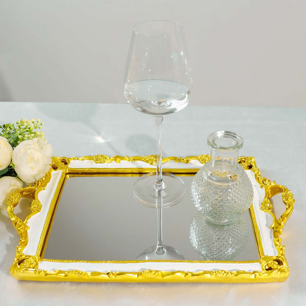 Resin Mirrored Rectangle Serving Tray 15"x10" in White with Gold Baroque Design, Stylish Decorative Vanity Tray Centerpiece