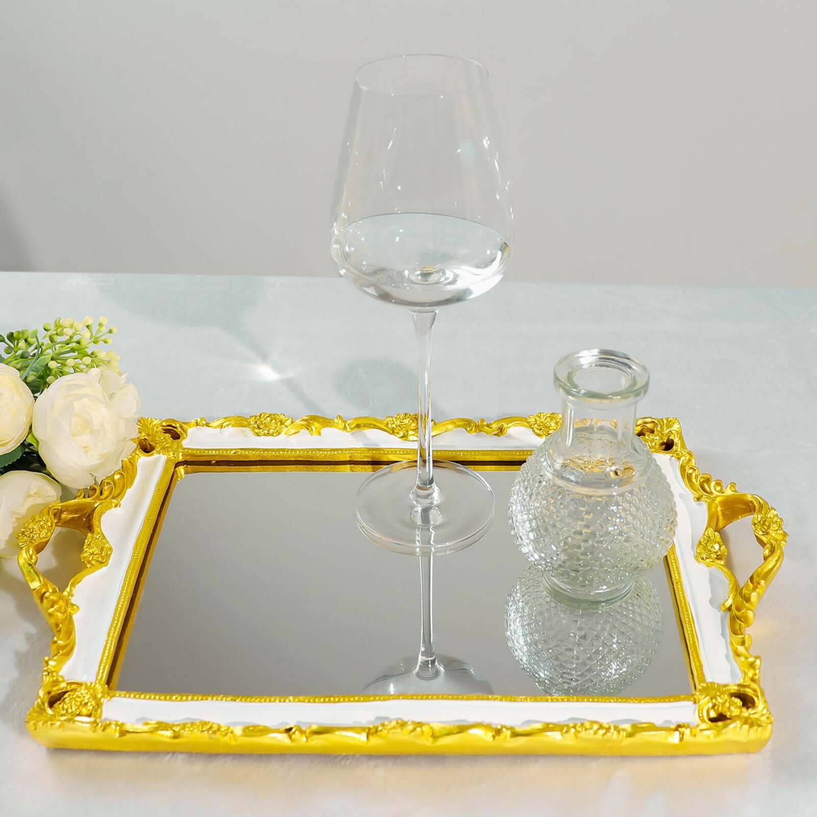 Resin Mirrored Rectangle Serving Tray 15"x10" in White with Gold Baroque Design, Stylish Decorative Vanity Tray Centerpiece