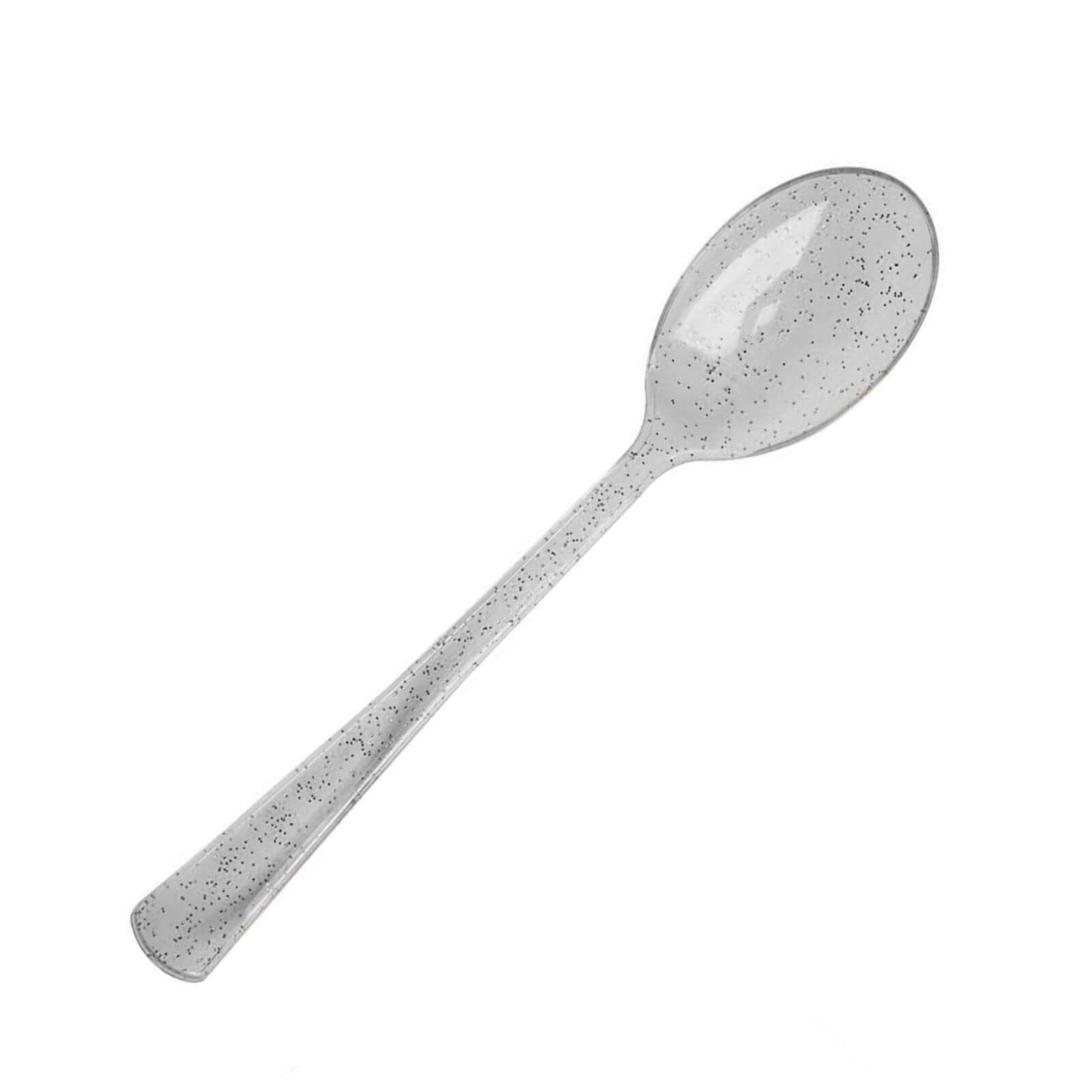 25-Pack Plastic Spoons Clear Silver Glitter Classic Heavy Duty - Decorative Disposable Tableware 7"