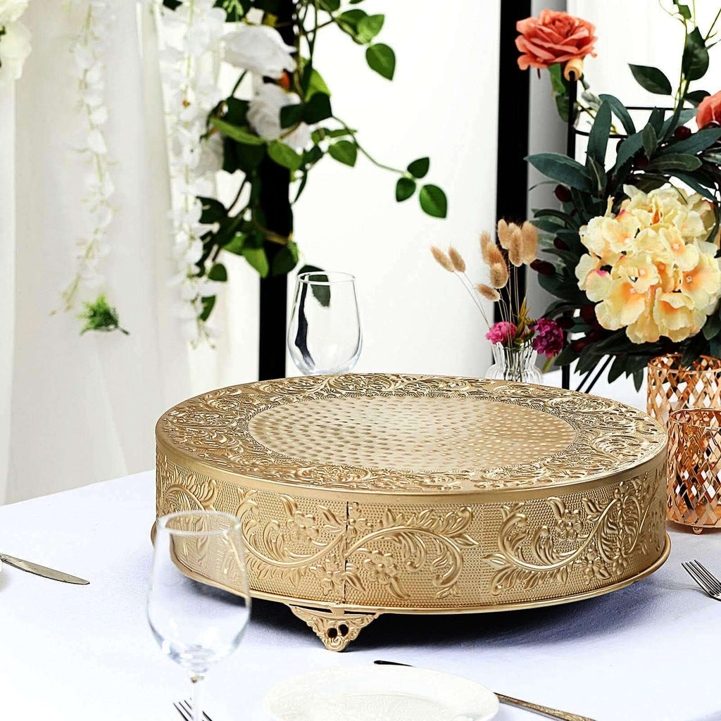 Metal 18" Round Cake Pedestal Stand Matte Gold - Cupcake Dessert Display Riser with Intricate Embossed Design for Upscale Events & Gatherings