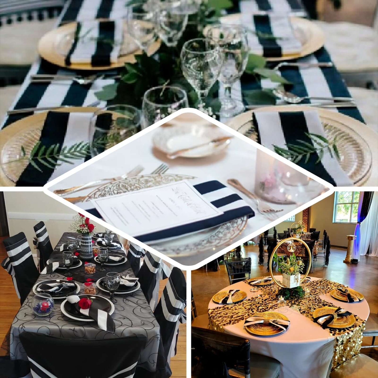 5 Pack Satin 20"x20" Napkins Navy Blue/White - Striped Reusable Dinner Napkins