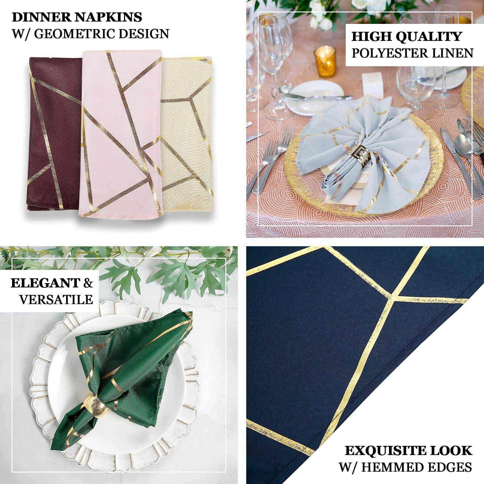 5 Pack Polyester 20"x20" Napkins Hunter Emerald Green with Gold Geometric Foil Pattern - Modern Reusable Dinner Napkins