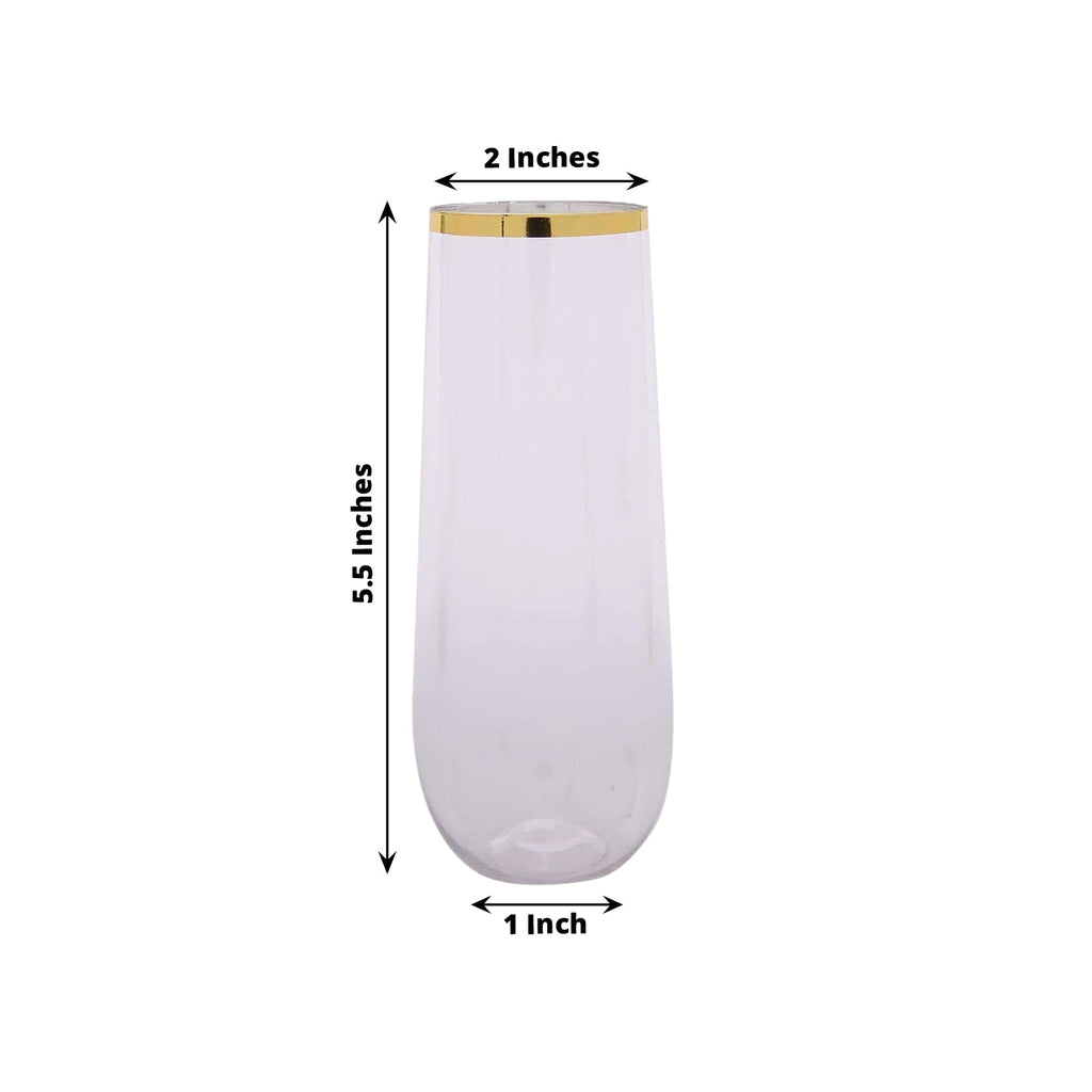 6 Pack Plastic Champagne Glasses in Clear with Gold Rim, Reusable Lightweight Champagne Flutes 9oz