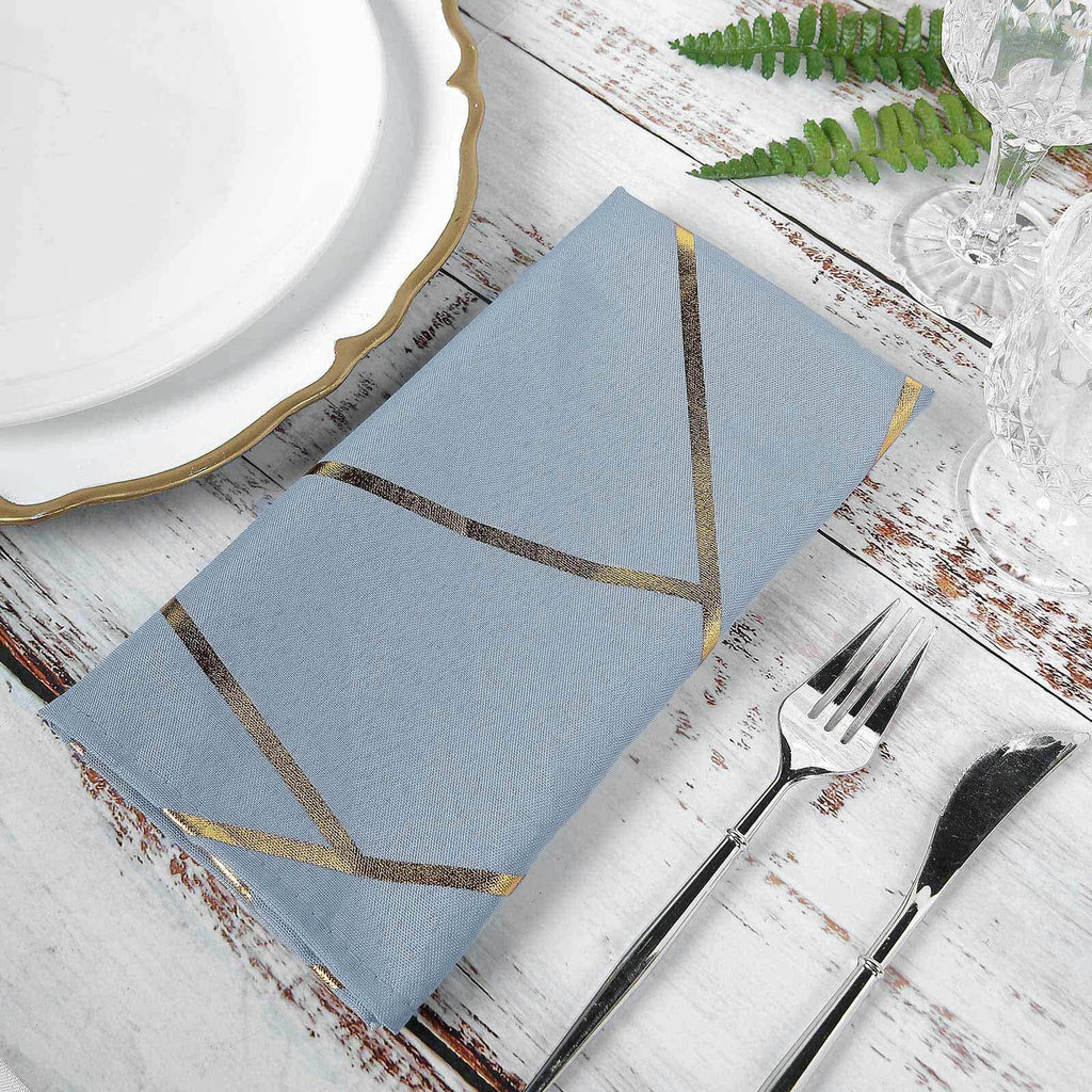 5 Pack Polyester 20"x20" Napkins Dusty Blue with Gold Geometric Foil Pattern - Modern Reusable Dinner Napkins