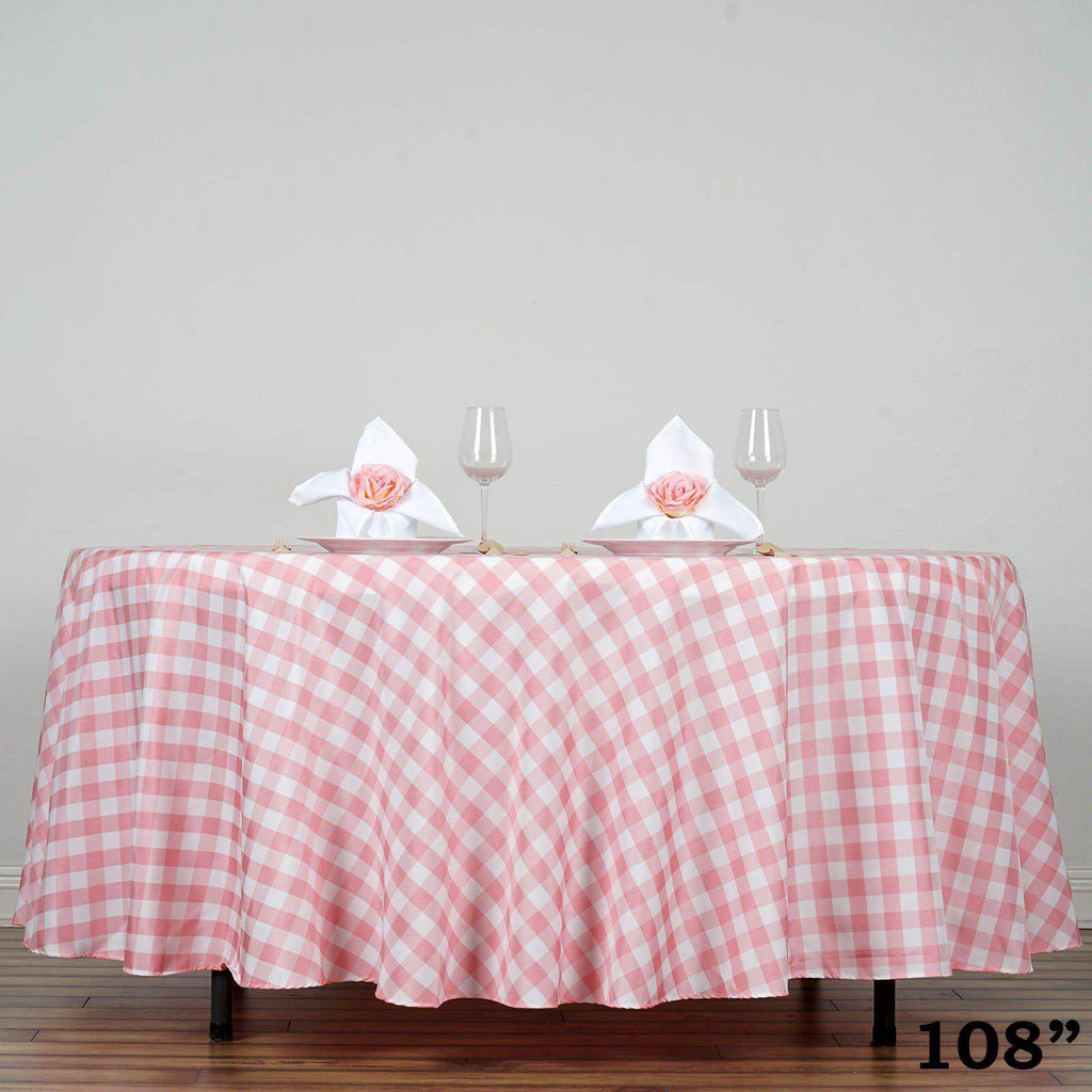 Polyester 108" Round Tablecloth White/Rose Quartz - Checkered Buffalo Plaid Design for Stylish Celebrations