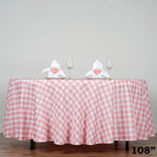 Polyester 108" Round Tablecloth White/Rose Quartz - Checkered Buffalo Plaid Design for Stylish Celebrations