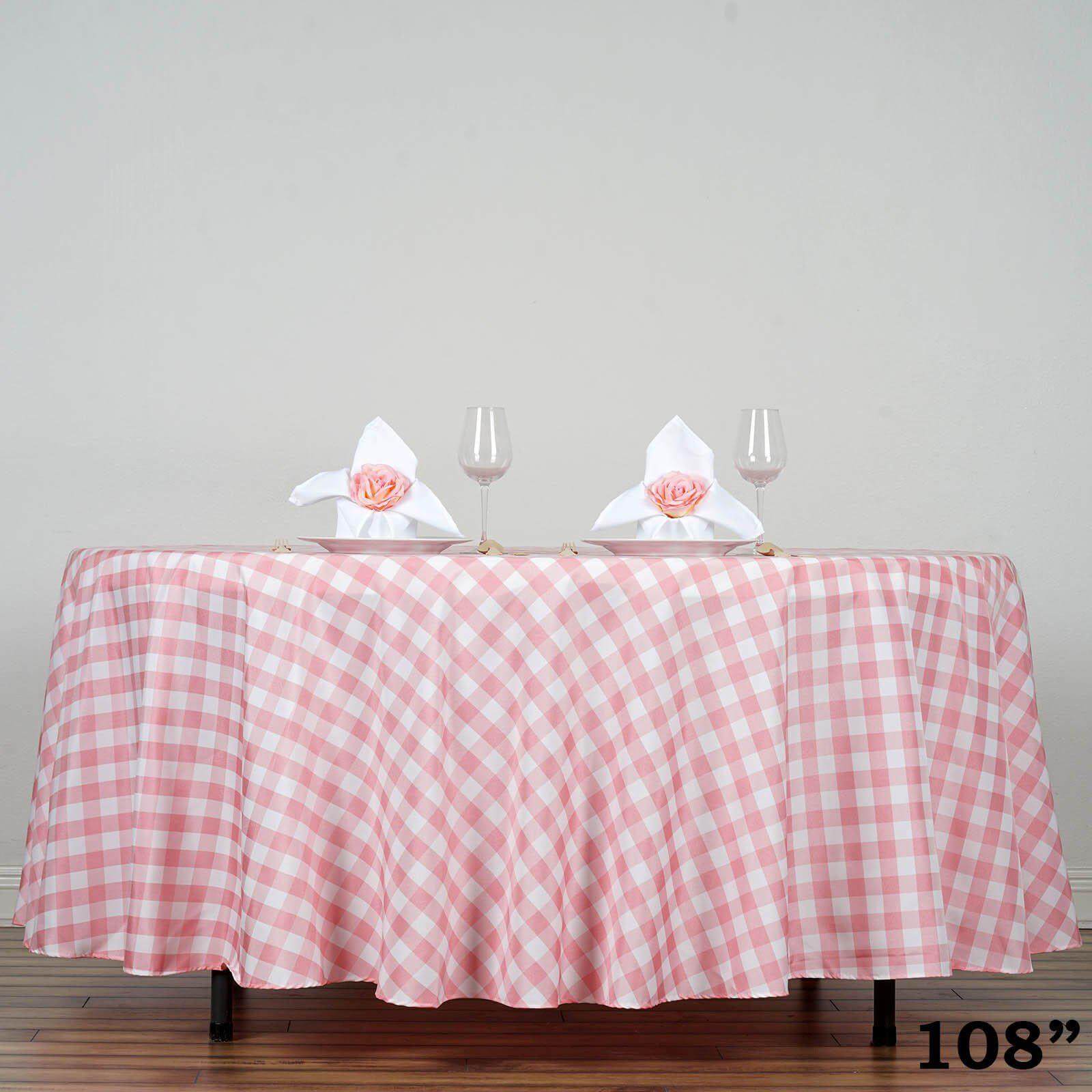 Polyester 108" Round Tablecloth White/Rose Quartz - Checkered Buffalo Plaid Design for Stylish Celebrations