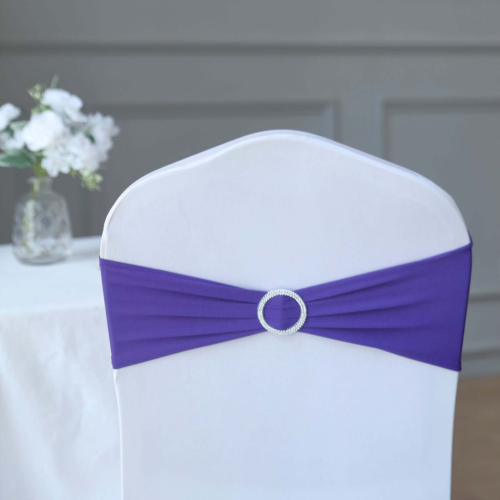 5 Pack Stretch Spandex Chair Sashes Purple - Reusable Chair Bands with Silver Diamond Ring Slide Buckle 5"x14"