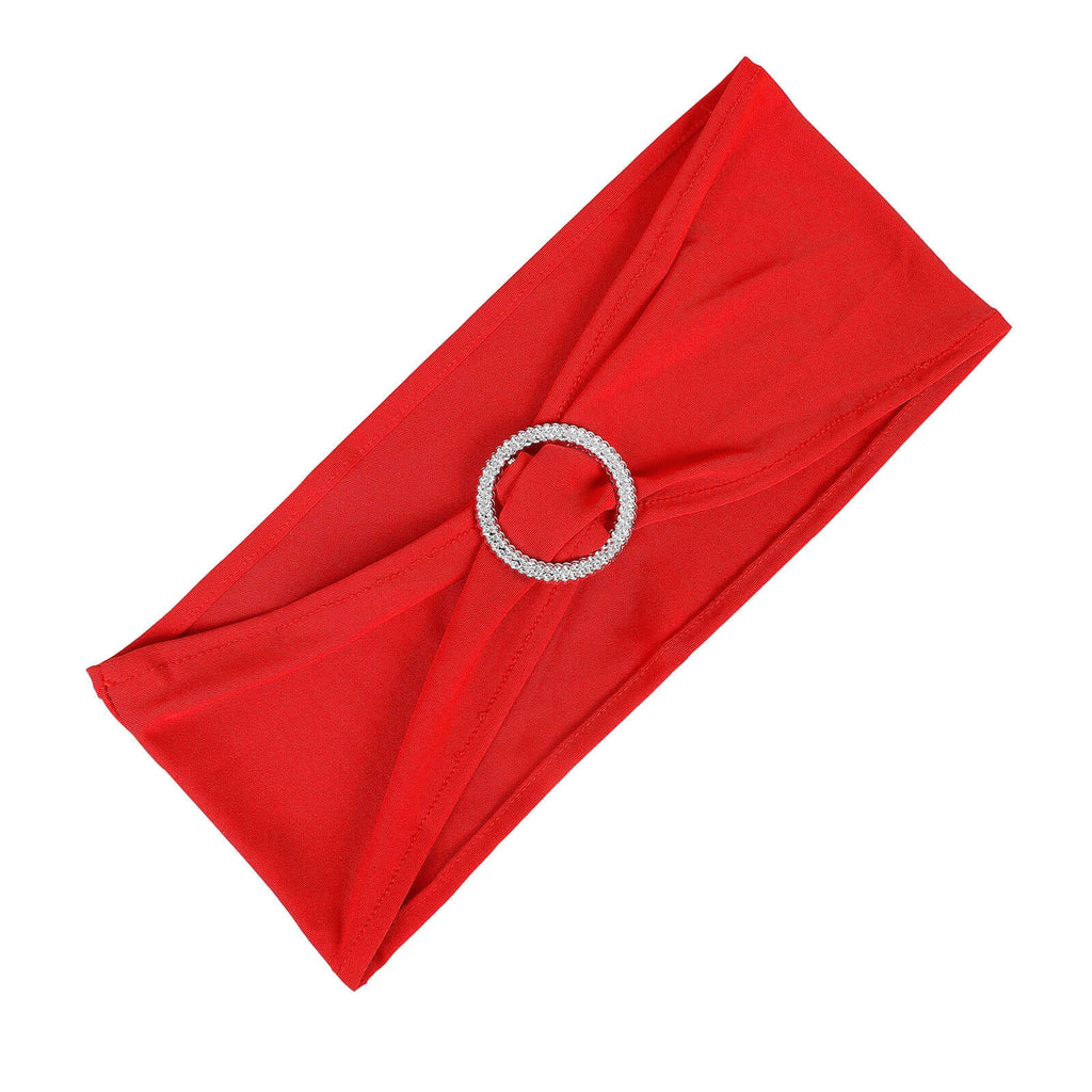 5 Pack Stretch Spandex Chair Sashes Red - Reusable Chair Bands with Silver Diamond Ring Slide Buckle 5"x14"