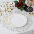 6-Pack Table Placemats Woven Fiber Design Silver Round - Disposable Mats for Dining and Events 15"