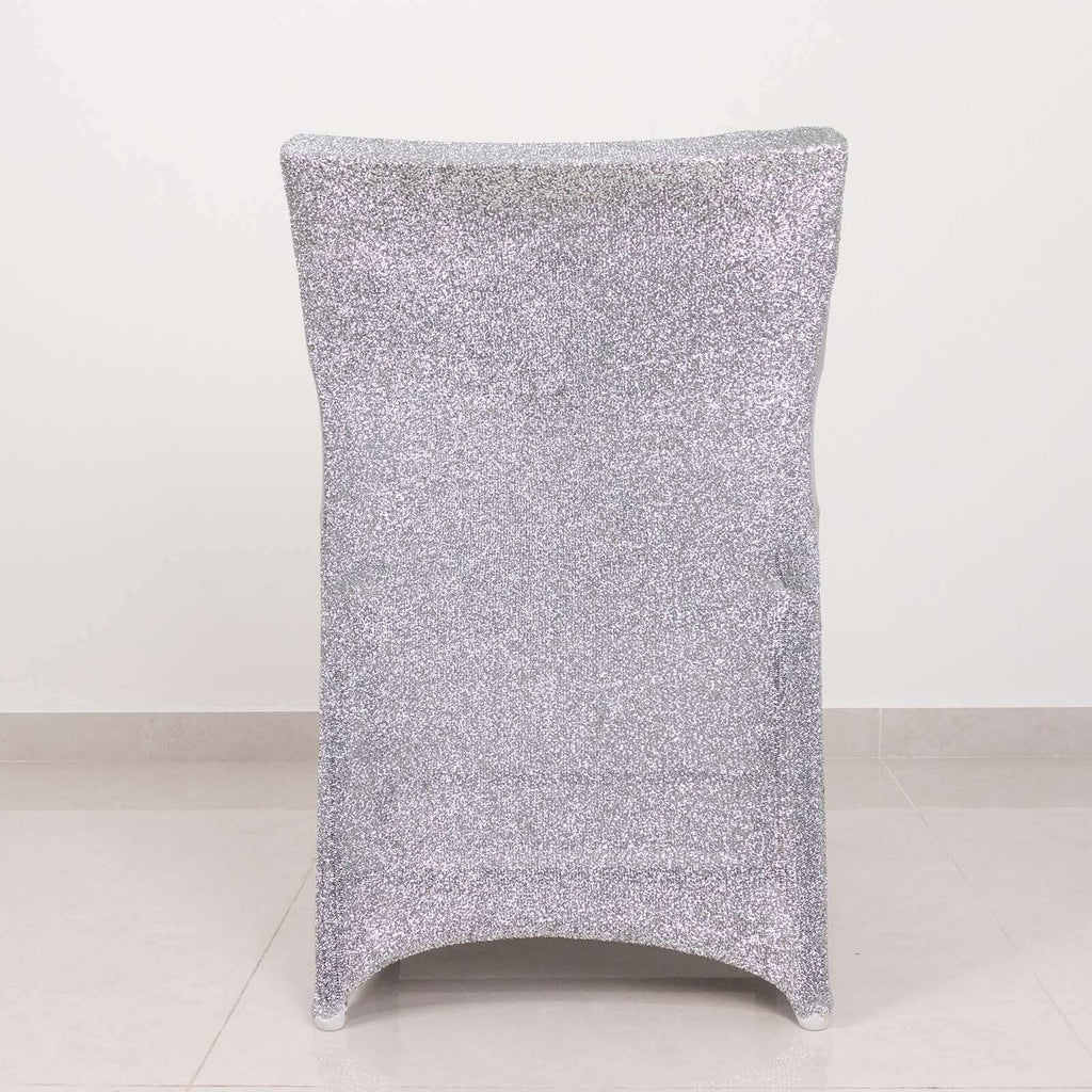 Stretch Spandex Chair Cover Silver for Folding Chairs - Metallic Shimmer Tinsel Back Design Fitted Slipcover