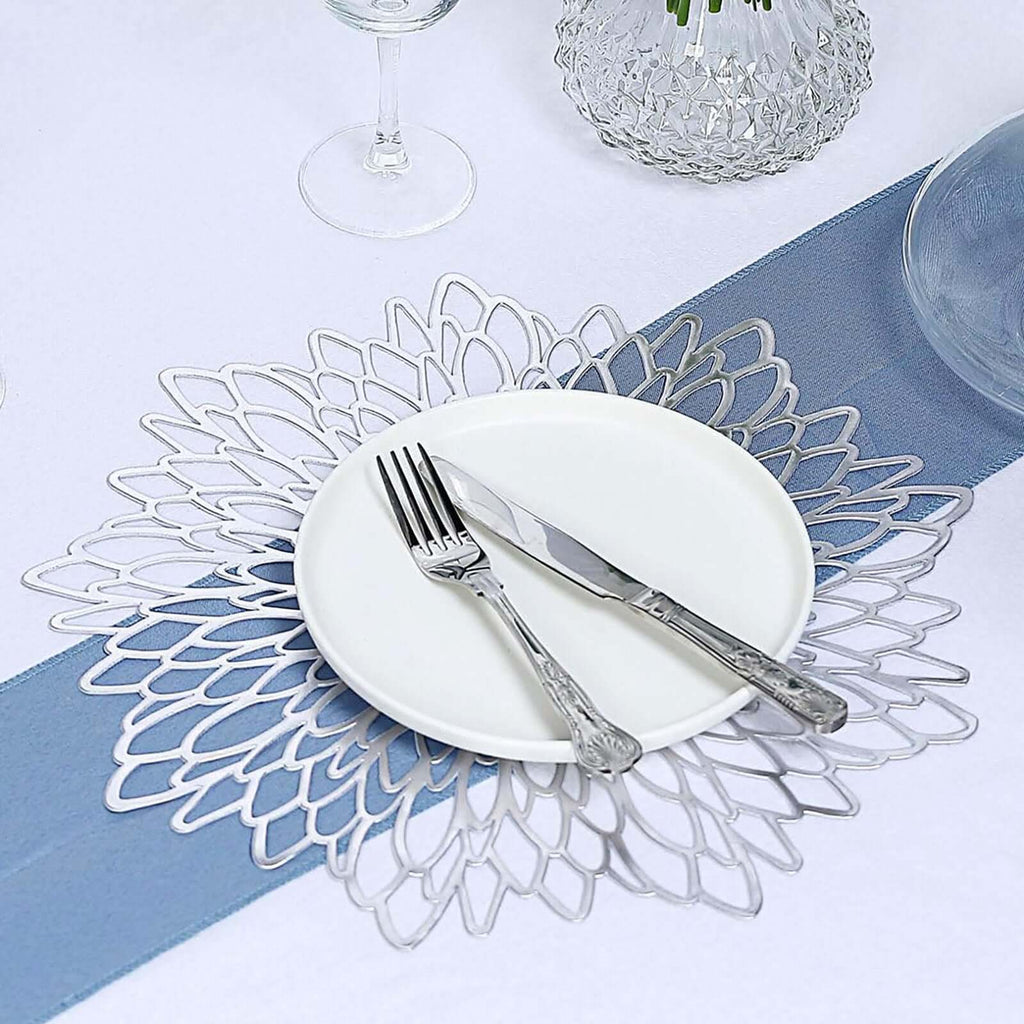6-Pack Dining Table Mats Floral Design Silver - Metallic Vinyl Round Non-Slip Mats for Tables 15"