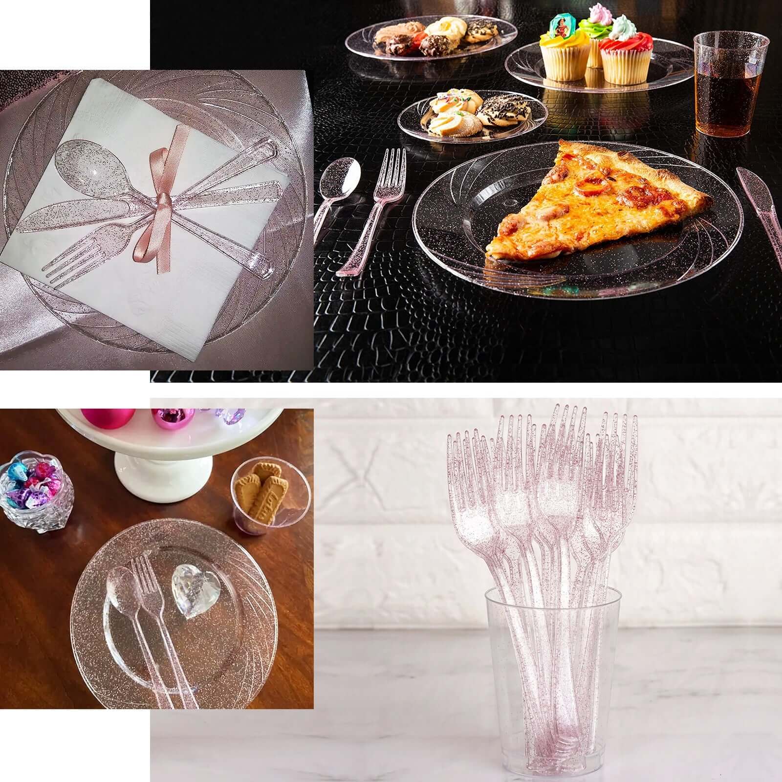 25-Pack Plastic Knives Transparent Blush Glitter Classic Heavy Duty - Decorative Disposable Cutlery 7"