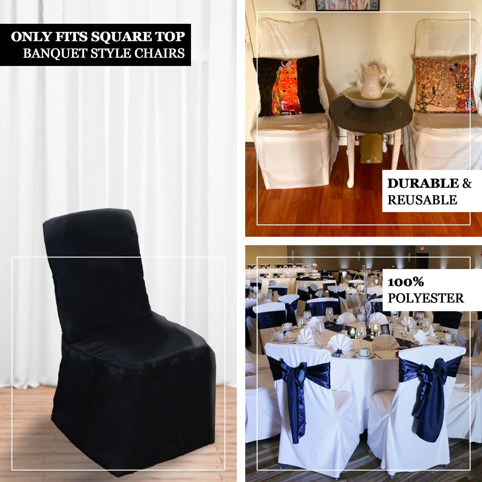 Polyester Chair Cover with Square Top for Banquet Chairs White - Durable Reusable Slip-On Cover for Weddings & Parties