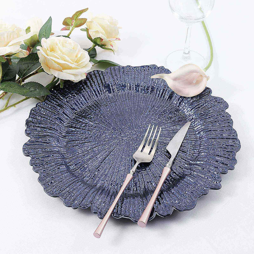 6-Pack Acrylic Plastic Round Charger Plates 13" in Navy Blue with Reef Design, Dinner Charger Tableware