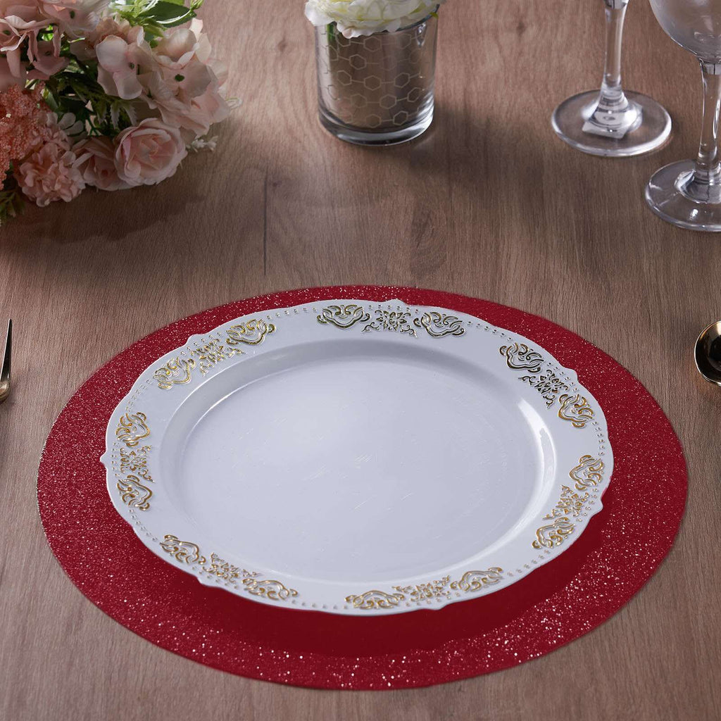 6-Pack Placemats Glitter Design Burgundy Sparkle Round - Non-Slip Decorative Dining Table Mats 13"